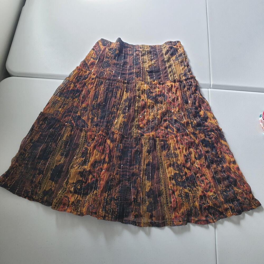 Fairy Grunge Whimsigoth Peasant Skirt Womens Medium Brown Floral Midi Elastic